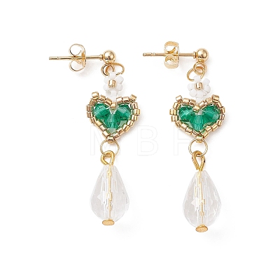 Glass Heart with Acrylic Flower Dangle Stud Earrings EJEW-MZ00077-1