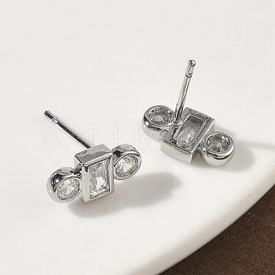 Rectangle with Flat Round Brass Micro Pave Clear Cubic Zirconia Stud Earrings EJEW-G452-12P-1