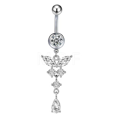 316L Surgical Stainless Steel Cubic Zirconia Butterfly Curved Barbell Dangle Belly Rings WGB11C1-04-1