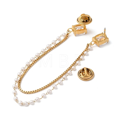 304 Stainless Steel Pave Clear Cubic Zirconia & ABS Pearl Rectangle Hanging Chain Brooch JEWB-S021-03G-1