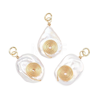 3Pcs 3 Styles Spiral Copper Wire Wrapped Natural Nucleated Baroque Keshi Pearl Pendants PALLOY-JF05276-1