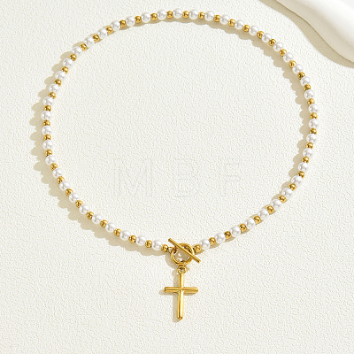 Stainless Steel Imitation Pearl Style Cross Pendant Vintage Necklace for Women NQ9987-1-1