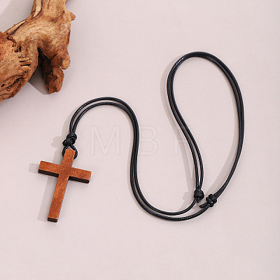 Adjustable Wood Religion Cross Pendant Black Waxed Cord Necklaces for Women Men FS-WGC7380-01-1