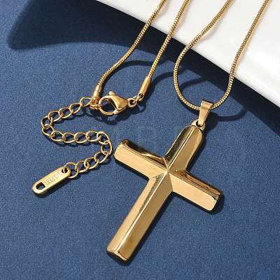 304 Stainless Steel Cross Pendant Snake Chain Necklaces NJEW-S442-06G-1