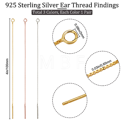 3 Pairs 3 Colors 925 Sterling Silver Stud Earring Findings STER-BBC0001-40-1