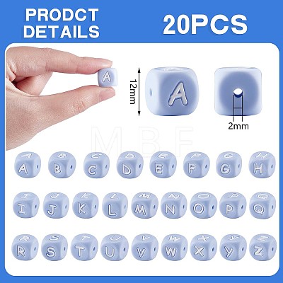 20Pcs Blue Cube Letter Silicone Beads 12x12x12mm Square Dice Alphabet Beads with 2mm Hole Spacer Loose Letter Beads for Bracelet Necklace Jewelry Making JX434P-1