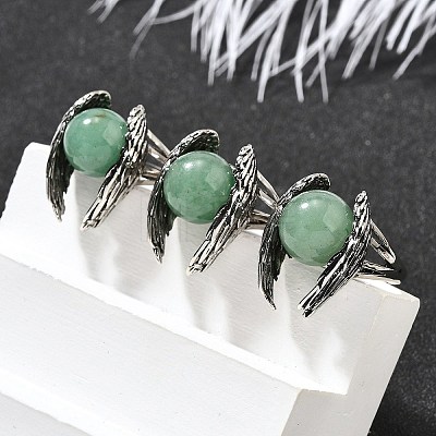 Natural Green Aventurine Wings Adjustable Rings RJEW-K241-04AS-12-1