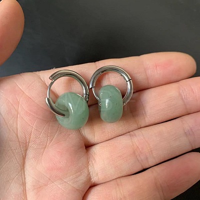 304 Stainless Steel & Natural Green Aventurine Rondelle Bead Hoop Earrings FS-WGF6A0C-08-1