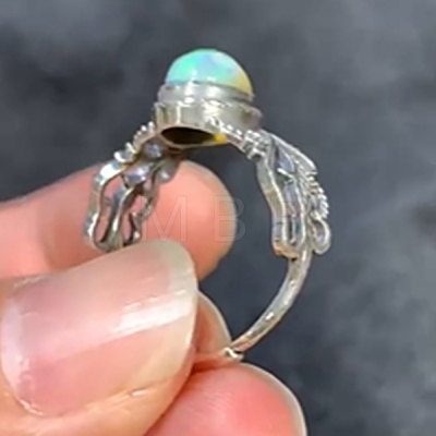 Adjustable Opal with 925 Sterling Silver Cuff Open Rings RJEW-C155-02-1