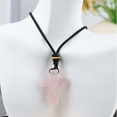 Natural Rose Quartz Cross Pendant Black Cotton Cord Necklaces FS-WG3ED65-10-1