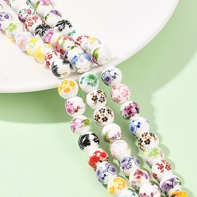 Mixed Styles Floral Printed Porcelain Beads Strands PORC-M004-02M-1