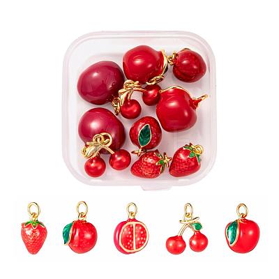10Pcs 5 Style Red Fruit Theme Brass Enamel Charms KK-LS0001-30-1