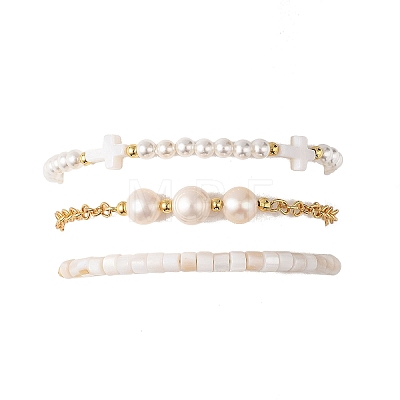3Pcs 3 Styles Shell Pearl Beaded Stretch Bracelets & Brass Rolo Chains Bracelets & Natural Cultured Freshwater Pearl Beaded Braided Bead Bracelets for Women BJEW-JB12786-1