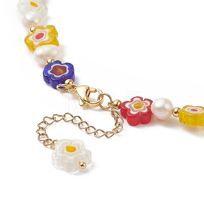 Natural Pearl & Millefiori & Brass Beaded Necklace for Women NJEW-JN04177-01-1