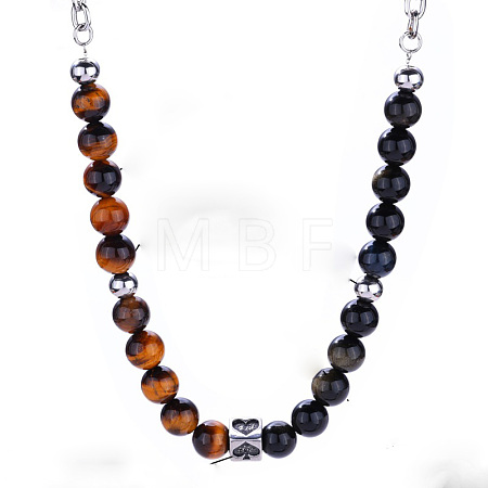 Natural Tiger Eye & Obsidian Round Beaded Necklaces with 304 Stainless Steel Chains for Men FS-WG3D587-02-1