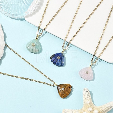 Summer Beach Natural Mixed Stone Carved Shell Shape Pendant 304 Stainless Steel Cable Chain Necklaces with Cubic Zirconia for Women NJEW-JN06586-1