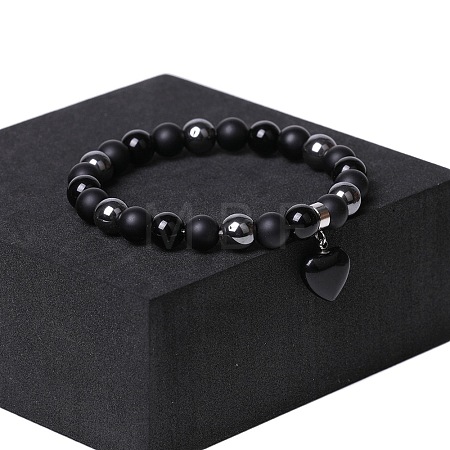 Natual Black Obsidian & Synthetic Non-magnetic Hematite Beads Charm Bracelets AC2290-1-1