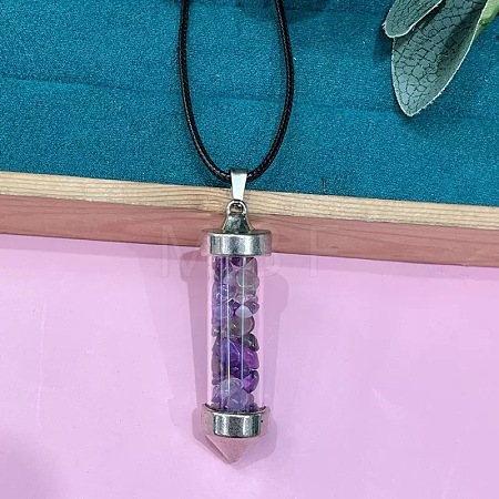 Zinc Alloy with Glass Hexagonal Bottle with Inner Natural Amethyst Chips Pendant Black PU Leather Cord Necklaces ZW0534-2-1