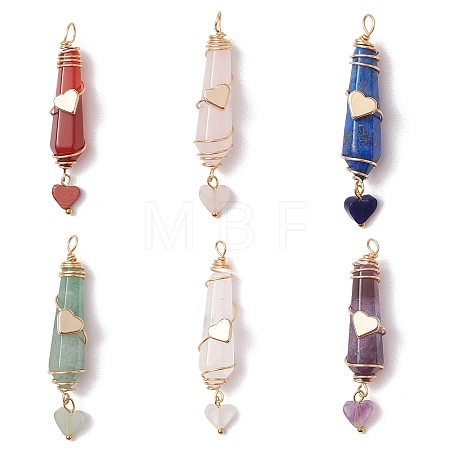 6Pcs 6 Styles Natural Carnelian & Green Aventurine & Rose Quartz & Quartz Crystal & Lapis Lazuli & Amethyst Copper Wire Wrapped Faceted Bullet Heart Pendants PALLOY-JF03482-02-1