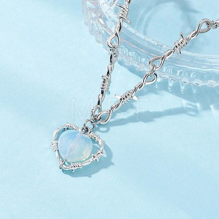 Opalite Heart Pendant Alloy Barbed Wire Link Chain Necklaces for Women NJEW-JN05614-1