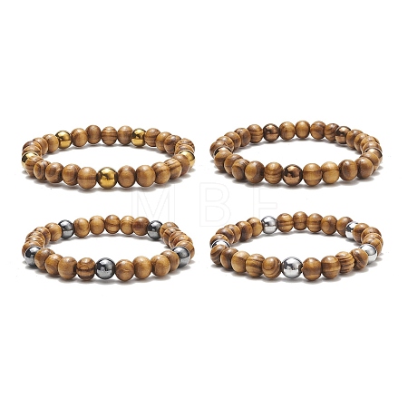 Natural Wood & Synthetic Hematite Round Beaded Stretch Bracelet for Women BJEW-JB09148-1