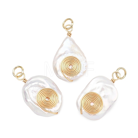 3Pcs 3 Styles Spiral Copper Wire Wrapped Natural Nucleated Baroque Keshi Pearl Pendants PALLOY-JF05276-1