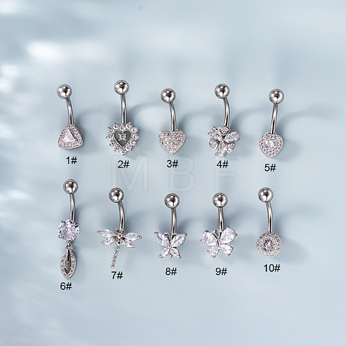 316L Surgical Stainless Steel Clear Cubic Zirconia Curved Barbell Belly Rings WG7644D-10-1