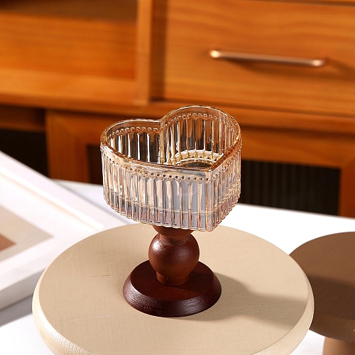 Heart Glass Candle Holder with Wood Base PW-WG32799-02-1