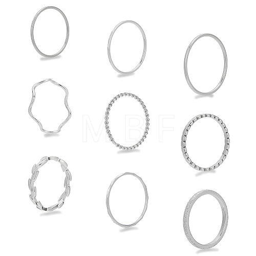 9Pcs 9 Style Leaf & Wave & Simple Thin Titanium Steel Finger Rings Set for Men Women RJEW-AN0001-11-1