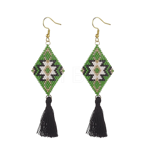 Glass Seed Braided Rhombus with Tassel Dangle Earrings EJEW-MZ00028-1