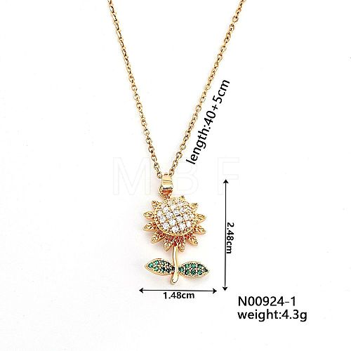 Brass Pave Clear & Green Cubic Zirconia Rotating Sunflower Pendant Necklaces Hip-hop Style Cable Chain Necklaces WQ9697-1-1