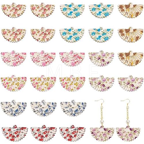  48Pcs 8 Colors Printed Flower Wood Pendants WOOD-NB0002-28-1