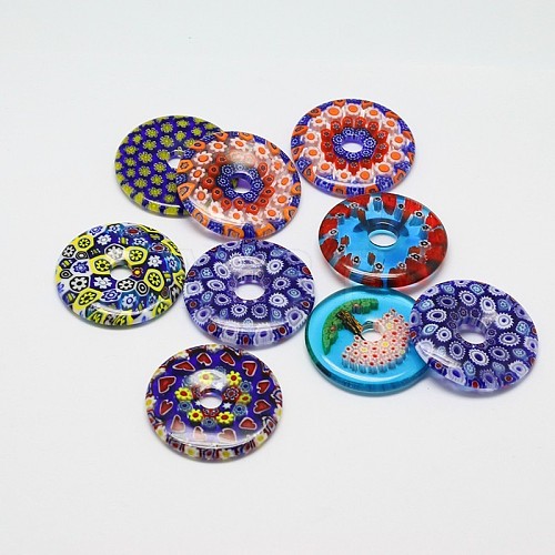 Mixed Donut/Pi Disc Handmade Millefiori Glass Pendants LAMP-A147-15-1