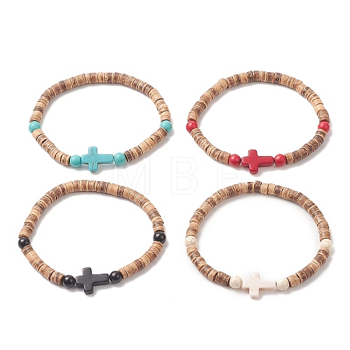 Coconut & Cross Dyed Synthetic Turquoise Beaded Stretch Bracelet for Men Women BJEW-JB09293-1