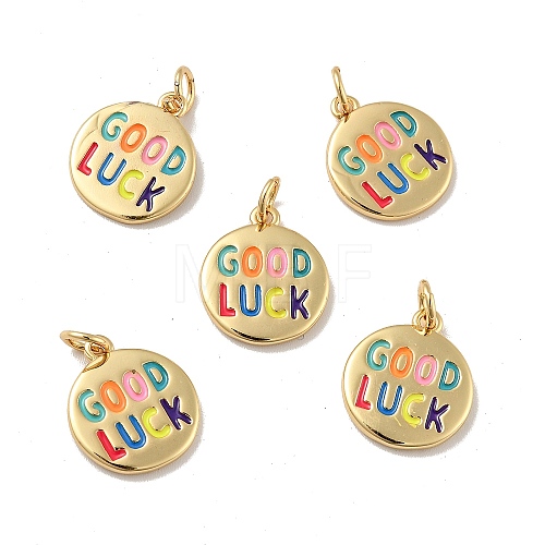 Flat Round with Word Good Luck Brass Enamel Pendants X-KK-G419-27G-1