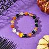 Halloween Handmade Lampwork Candy Corn & Round Natural Carnelian & Dyed Synthetic Turquoise Skull Beaded Stretch Bracelets BJEW-TA00756-1