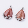 Teardrop with Flower Platinum Plated Brass Goldstone Pendants G-F228-37C-RS-1