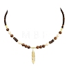 Dyed Synthetic Turquoise & Coconut & Wood Round Beaded Brass Feather Pendant Necklaces for Women NJEW-JN05460-01-2