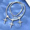 Brass Micro Pave Clear Cubic Zirconia Cross Pendant Round Beaded Bib Necklaces for Women NJEW-F364-04P-1