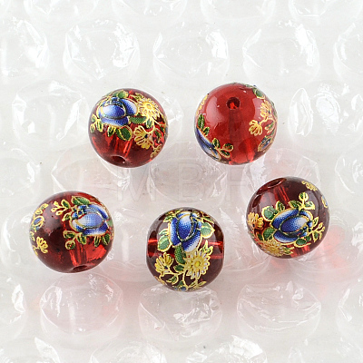 Rose Flower Pattern Printed Round Glass Beads GFB-R004-10mm-R05-1