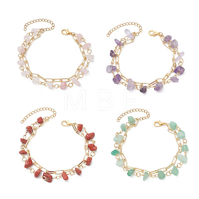 Natural Gemstone Chip Beads & Brass Paperclip Chain Multi-strand Bracelets for Women BJEW-JB12890-1