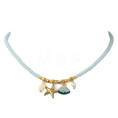 Ocean 304 Stainless Steel and Alloy Enamel Starfish Shell Shape Pendant Glass Beaded Necklaces for Women NJEW-JN06386-1