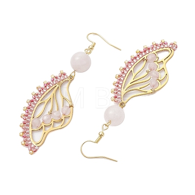 Butterfly Wing Natural Rose Quartz & Seed Beads Dangle Earrings EJEW-MZ00165-1