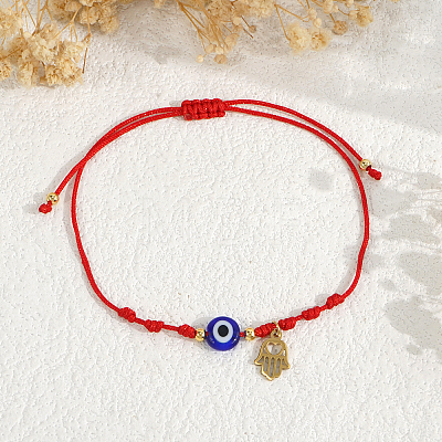 Handmade Adjustable Blue Evil Eye Glass Braided Bead Bracelets with Stainless Steel Religion Hamsa Hand for Women KO5639-2-1