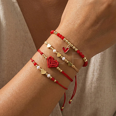 4Pcs 4 Styles Adjustable Glass & Brass Beads Braided Bead Bracelets & Brass Enamel Charm Bracelets for Women SG0180-1-1