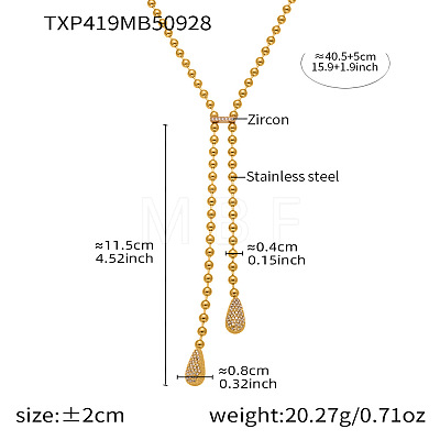 304 Stainless Steel Micro Pave Clear Cubic Zirconia Teardrop Tassel Lariat Necklaces for Women WGF9737-01-1
