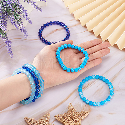 6Pcs 6 Styles 8mm Glass Round Beaded Stretch Bracelet Sets BJEW-TAC0021-1