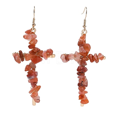 Natural Carnelian Cross Dangle Earrings EJEW-Z071-01G-04-1