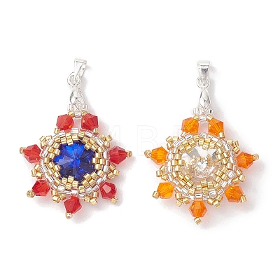 2Pcs Flower Glass & Seed Bead Woven Pendants PALLOY-MZ00265-1