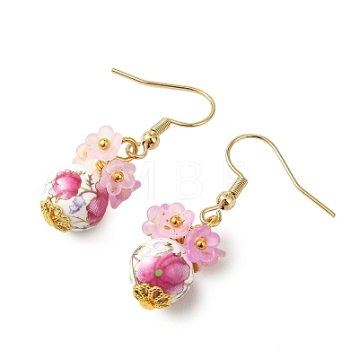 Handmade Flower Printed Porcelain Ceramic Dangle Earrings EJEW-JE07288-01-1